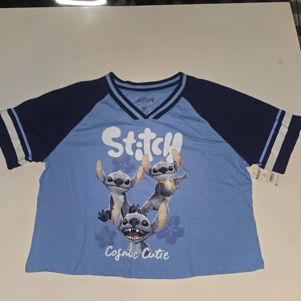 Disney Stitch Cosmic Cutie Blue Raglan V-Neck Crop T-Shirt Womens Medium NWT - Picture 1 of 5